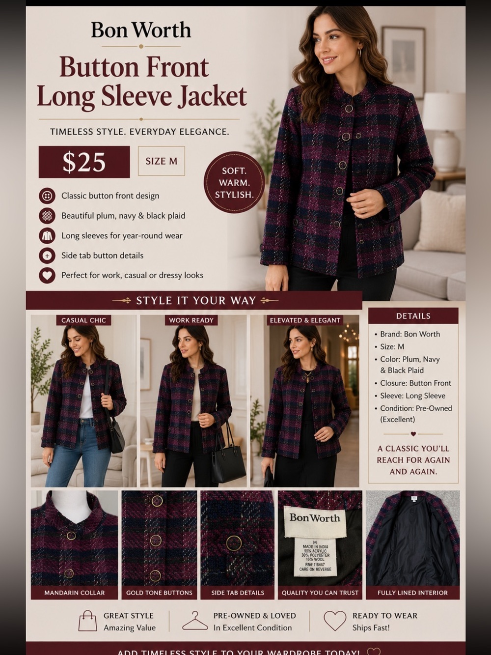 Bon Worth womens button front long sleeve …